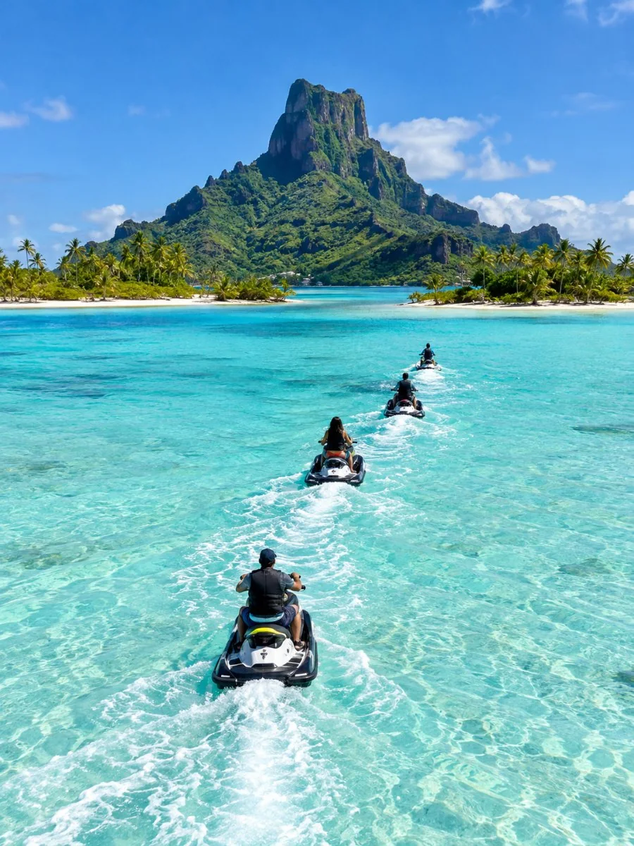 Ein Guide auf einem Jet Ski führt eine kurze Reihe von Jet Skis über die helltürkisfarbene Lagune von Bora Bora, im Hintergrund der Mount Otemanu
