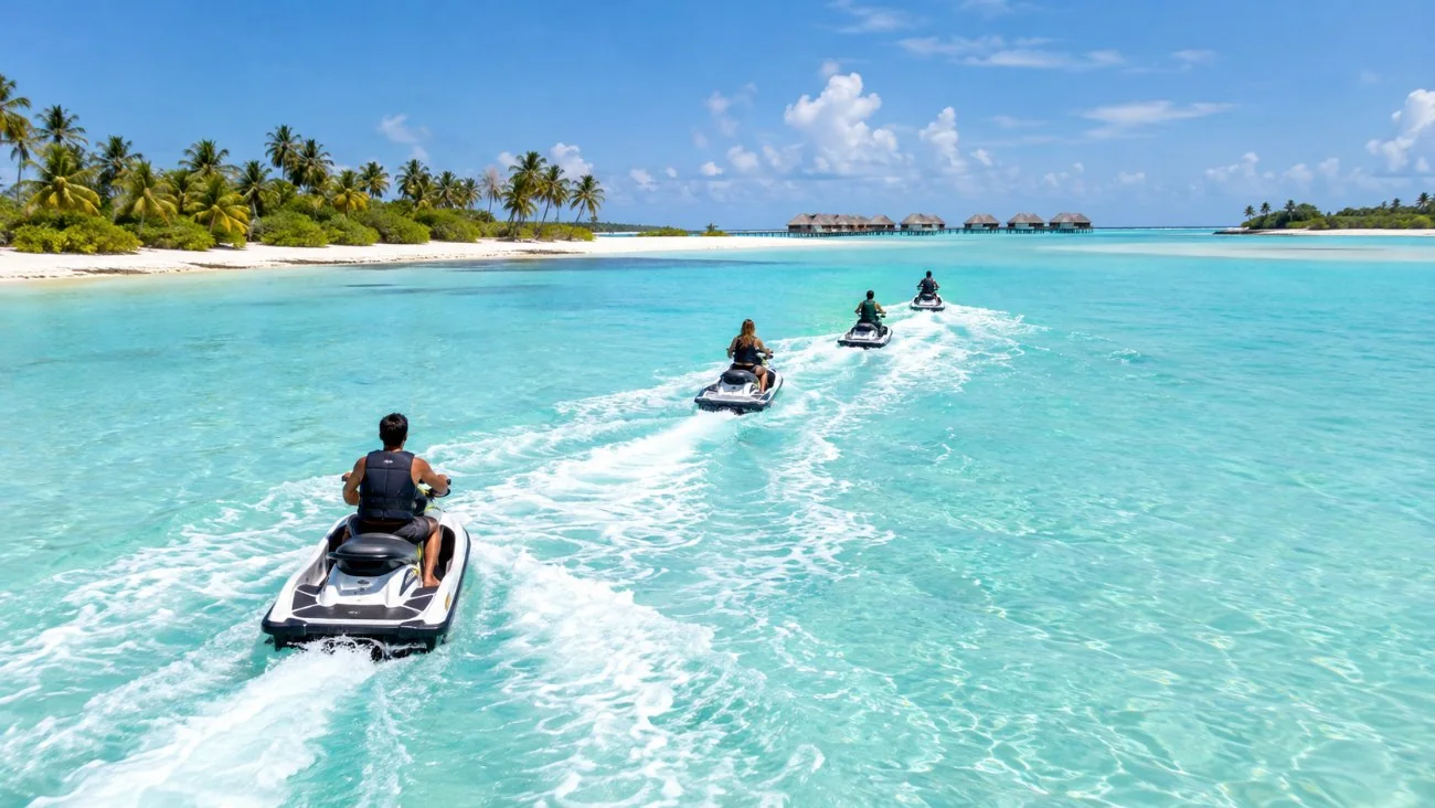 Eine kurze Reihe von Jetskis, die einem Guide über die türkisfarbene Bora-Bora-Lagune in hellem Sonnenschein folgen