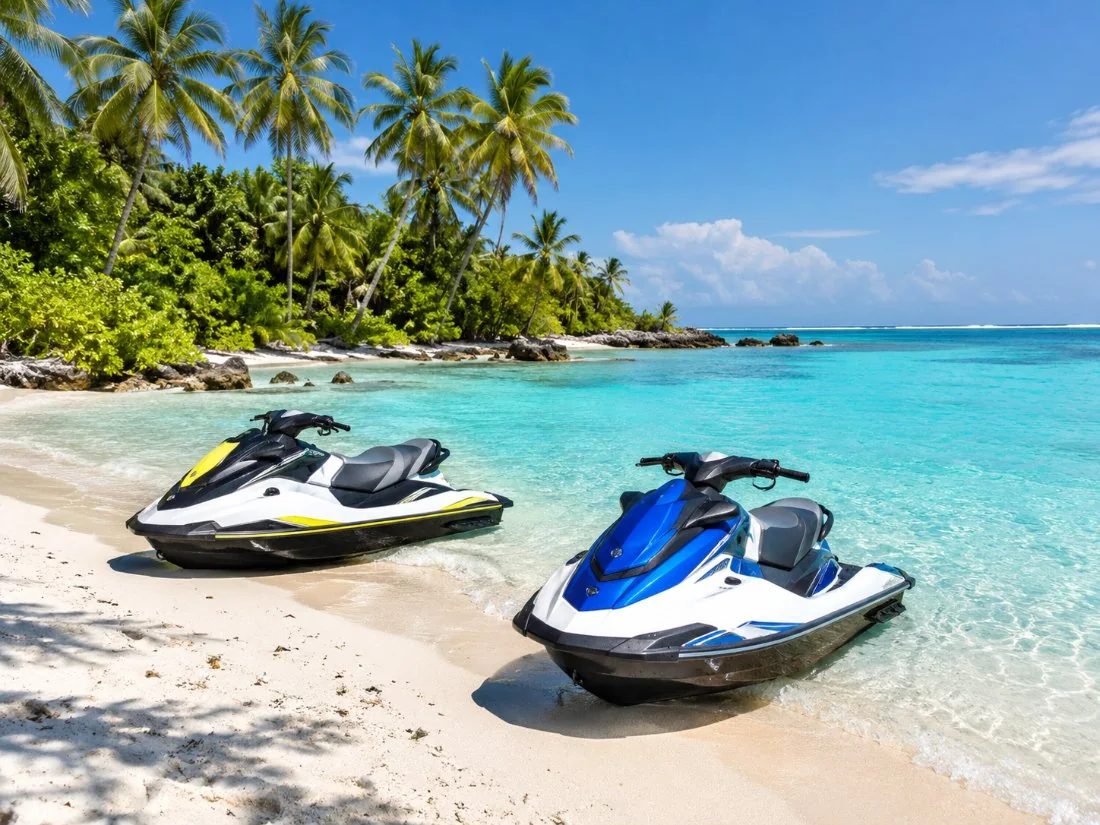 Zwei Jet Skis am weißen Sandstrand eines palmenbedeckten motu, mit der Lagune im Hintergrund